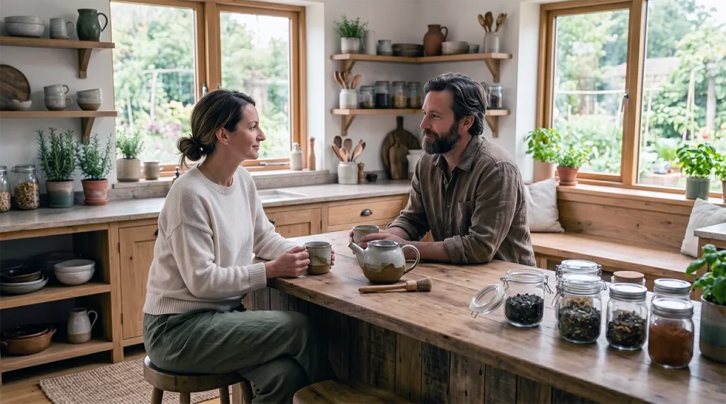 Hombre y mujer hablando en la cocina tomando café o té
