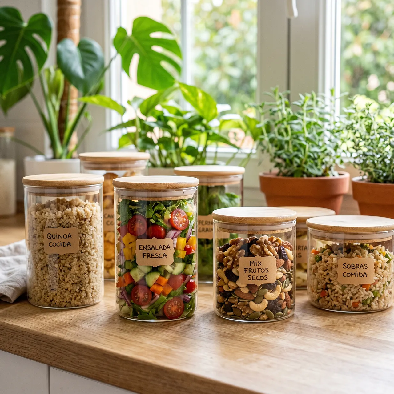 Tarros y recipientes de cristal con alimentos frescos sobre una encimera de madera clara.
