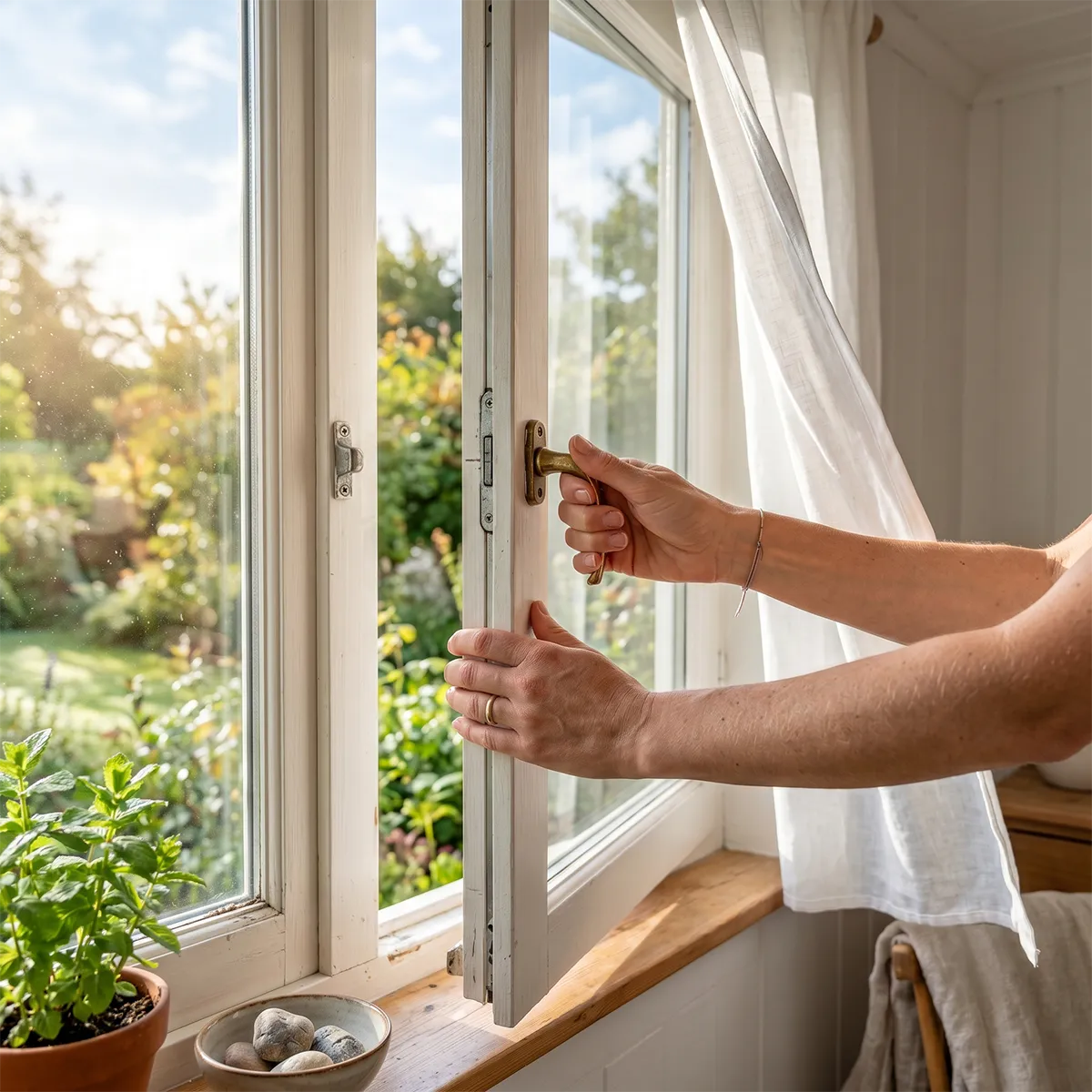 Primer plano de unas manos abriendo una ventana para dejar entrar luz natural.