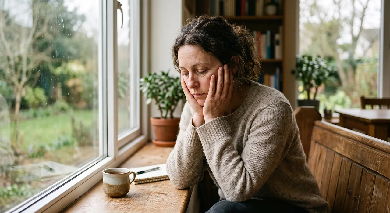 Mujer apoyando su rostro en las manos mostrando síntomas de agotamiento emocional.