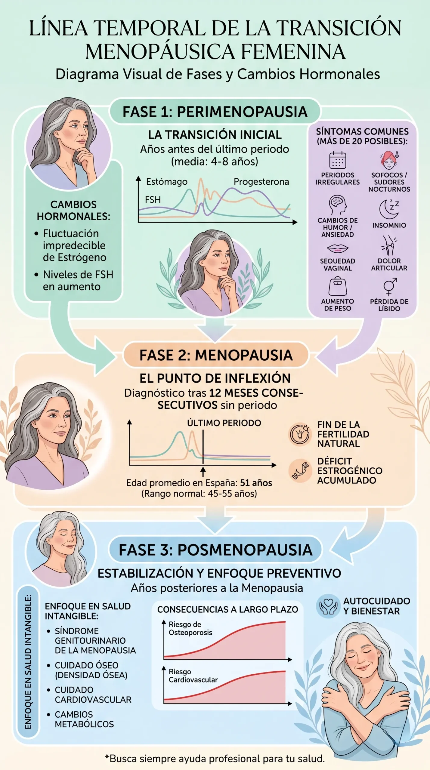 Diagrama visual de las fases de la menopausia femenina y la transición hormonal.