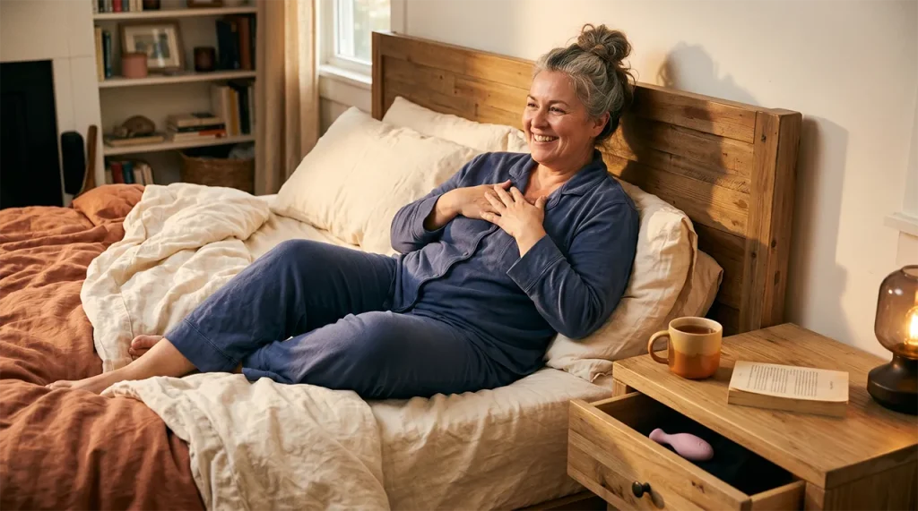 Mujer sonriendo relajada en su cama priorizando su autocuidado.
