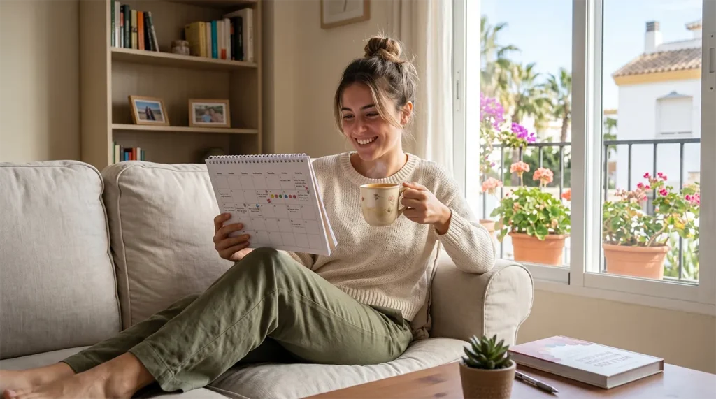 Mujer joven y feliz organizando su agenda para sincronizar su estilo de vida con su ciclo menstrual.