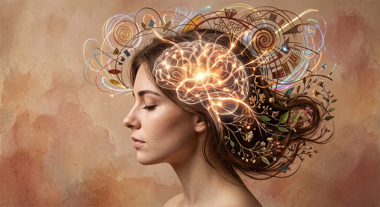 Silueta artística que representa la salud mental en la mujer y la actividad cerebral.