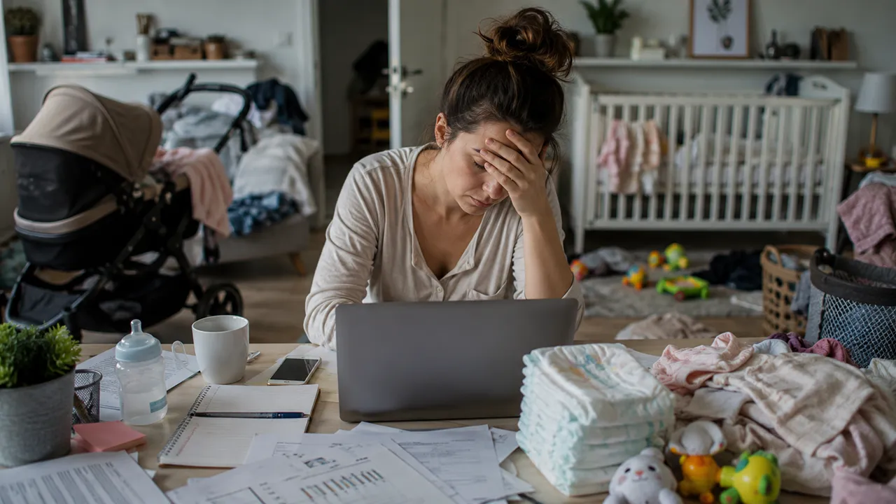 Mujer joven exhausta teletrabajando y sosteniendo a su bebé simultáneamente.