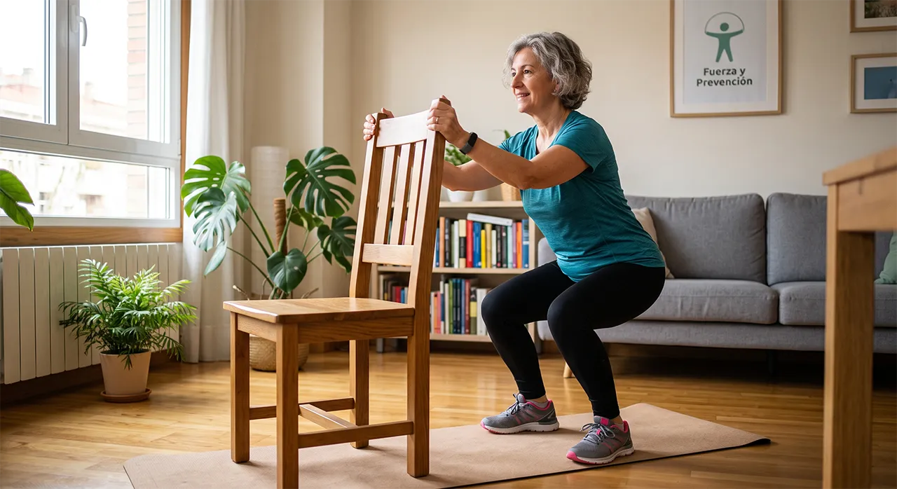 Mujer realizando ejercicios de fuerza seguros usando una silla como apoyo postural