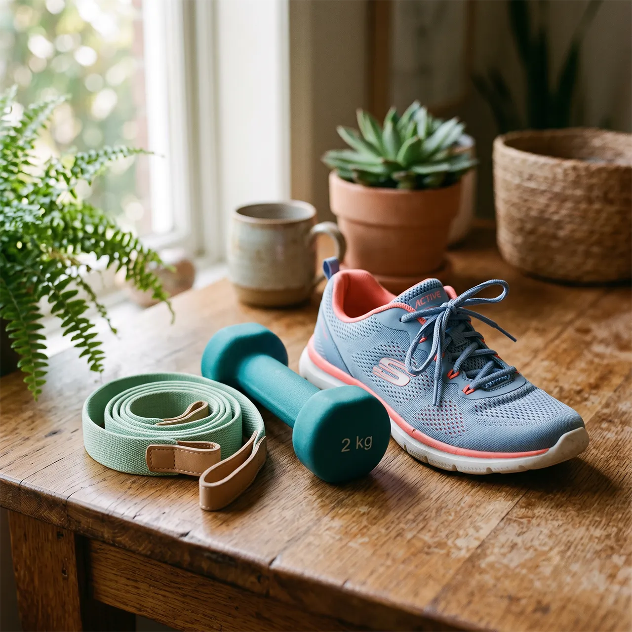 Zapatillas de caminar junto a una mancuerna y una banda elástica simbolizando ejercicios para la salud ósea